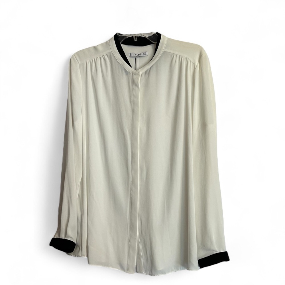 NWT MANGO 10 Womens Ivory White Black Blouse Top Classic Button Up Contrasting